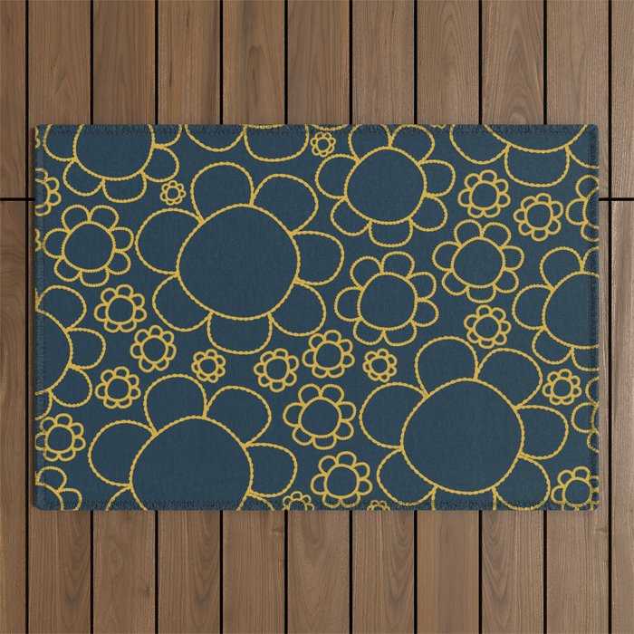 Navy Blue and Mustard Doodle Flowers Retro Floral Pattern Outdoor Rug Gallery Image 1