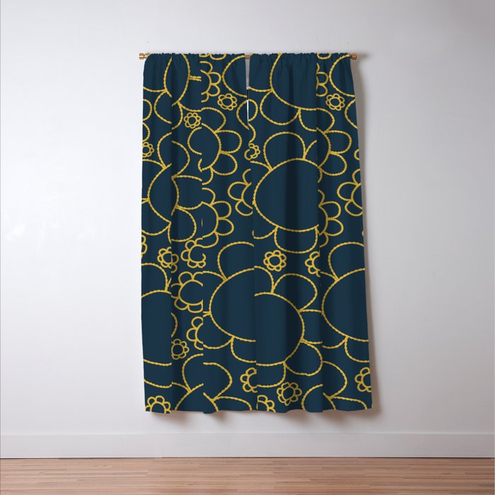 Navy Blue and Mustard Doodle Flowers Retro Floral Pattern Window Curtain Gallery Image 3