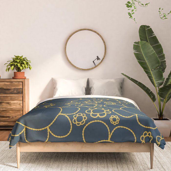 Navy Blue and Mustard Doodle Flowers Retro Floral Pattern Comforter Gallery Image 3