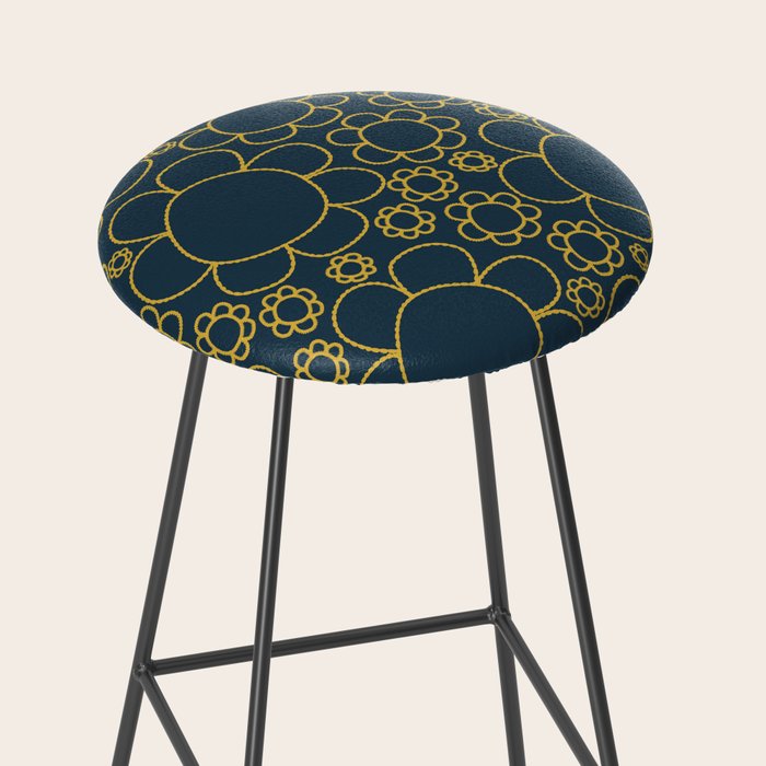 Navy Blue and Mustard Doodle Flowers Retro Floral Pattern Stool Gallery Image 2