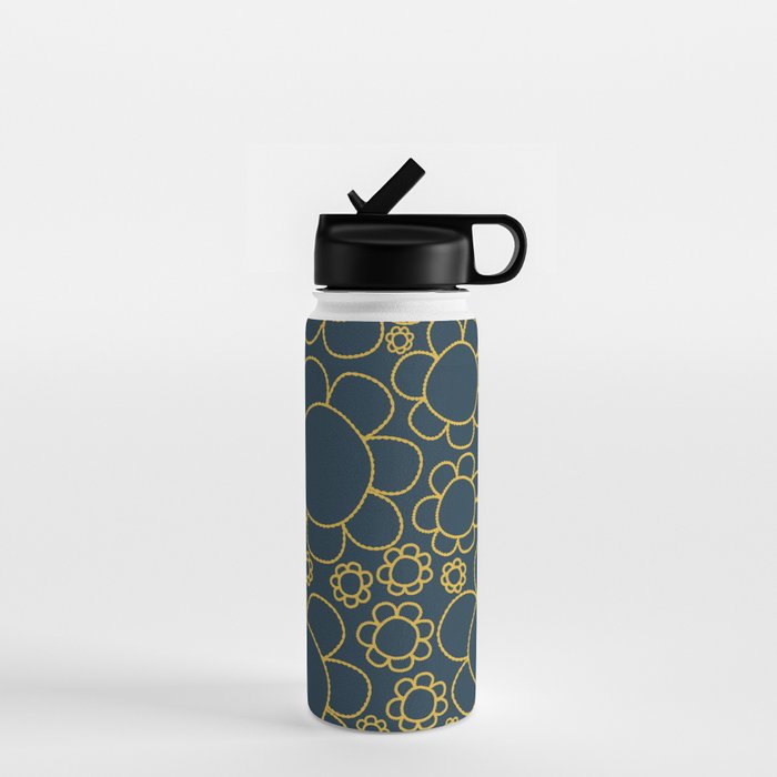 Navy Blue and Mustard Doodle Flowers Retro Floral Pattern Water Bottle Gallery Image 1