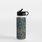 Navy Blue and Mustard Doodle Flowers Retro Floral Pattern Water Bottle Gallery Image 1