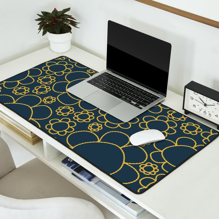 Navy Blue and Mustard Doodle Flowers Retro Floral Pattern Desk Mat Gallery Image 2