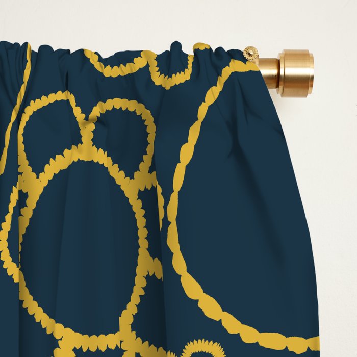 Navy Blue and Mustard Doodle Flowers Retro Floral Pattern Window Curtain Gallery Image 2
