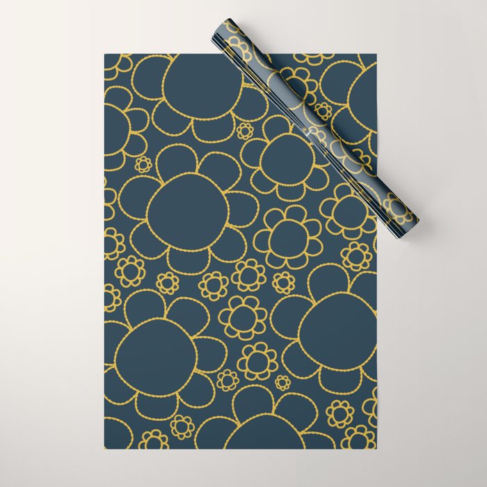 Navy Blue and Mustard Doodle Flowers Retro Floral Pattern Wrapping Paper Gallery Image 1