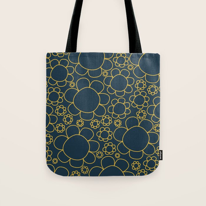 Navy Blue and Mustard Doodle Flowers Retro Floral Pattern Tote Bag Gallery Image 1