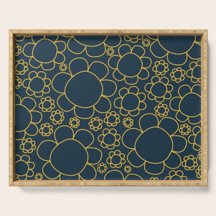 Navy Blue and Mustard Doodle Flowers Retro Floral Pattern Serving Tray Gallery Image 1