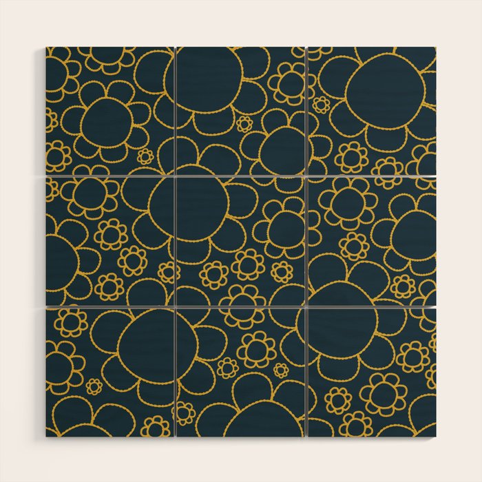 Navy Blue and Mustard Doodle Flowers Retro Floral Pattern Wood Wall Art Gallery Image 1