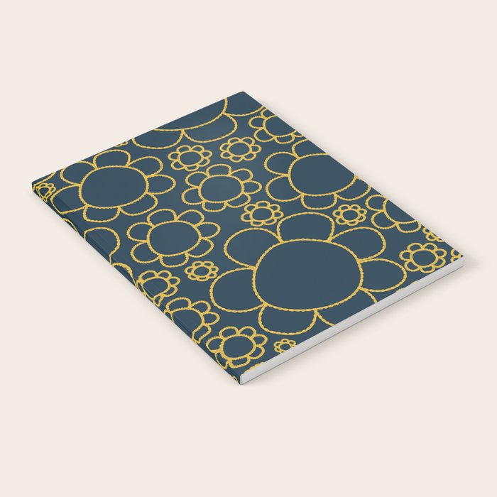 Navy Blue and Mustard Doodle Flowers Retro Floral Pattern Notebook Gallery Image 2