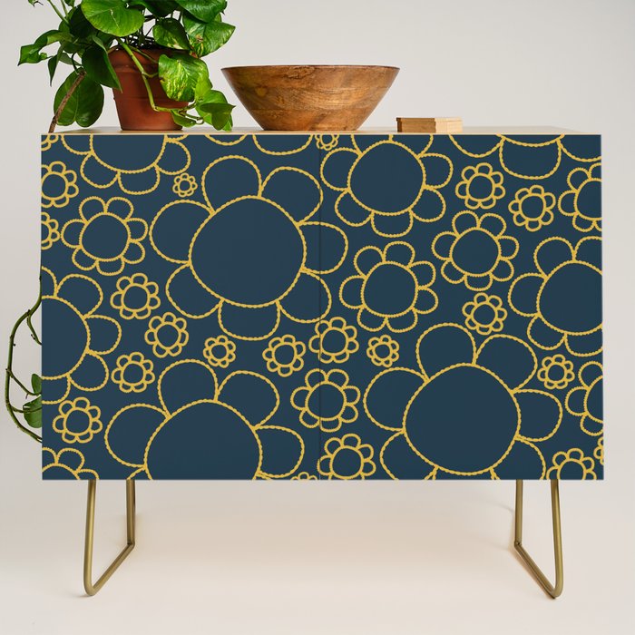 Navy Blue and Mustard Doodle Flowers Retro Floral Pattern Credenza Gallery Image 1