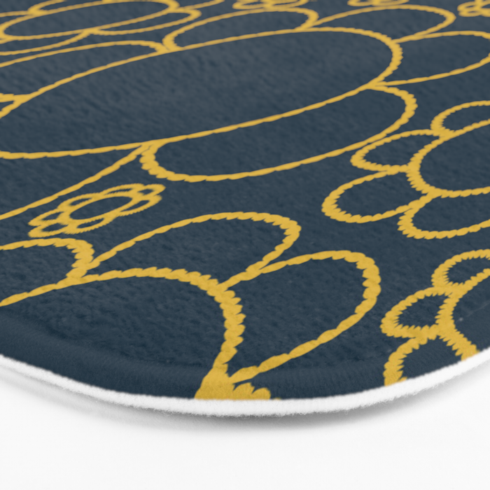 Navy Blue and Mustard Doodle Flowers Retro Floral Pattern Bath Mat Gallery Image 3