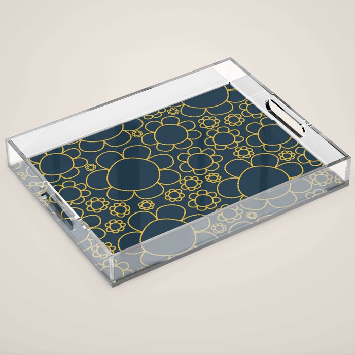 Navy Blue and Mustard Doodle Flowers Retro Floral Pattern Acrylic Tray Gallery Image 1