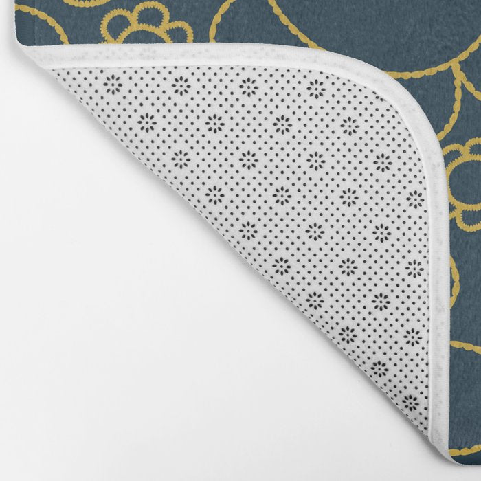 Navy Blue and Mustard Doodle Flowers Retro Floral Pattern Bath Mat Gallery Image 2