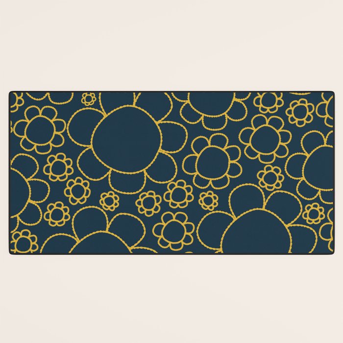 Navy Blue and Mustard Doodle Flowers Retro Floral Pattern Desk Mat Gallery Image 3