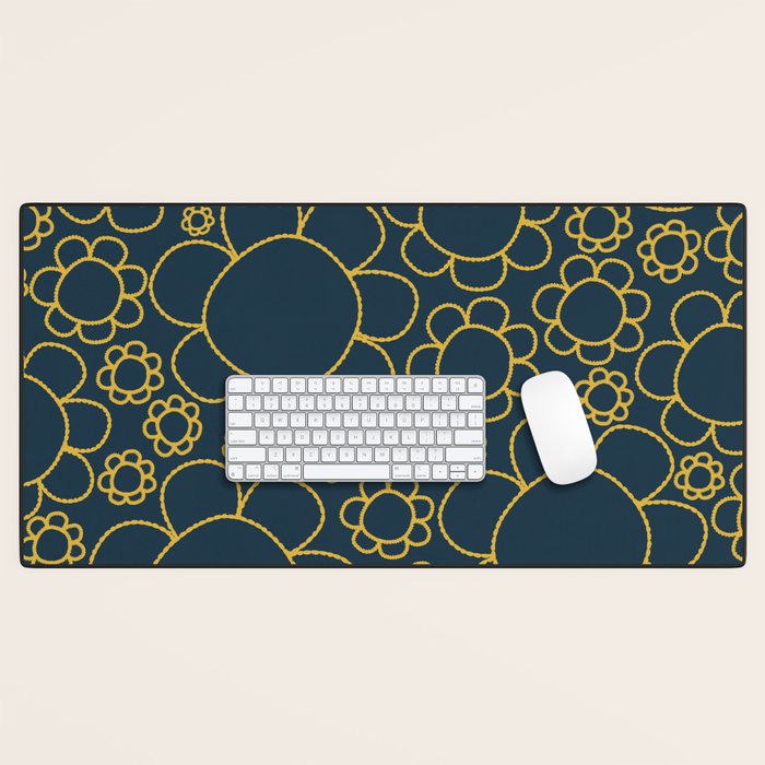 Navy Blue and Mustard Doodle Flowers Retro Floral Pattern Desk Mat Gallery Image 1