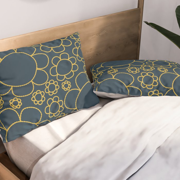 Navy Blue and Mustard Doodle Flowers Retro Floral Pattern Pillow Sham Gallery Image 2