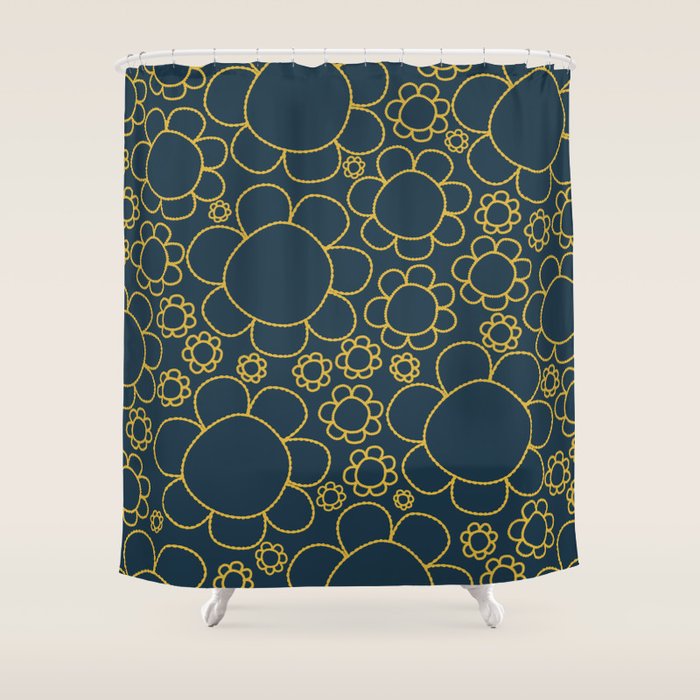 Navy Blue and Mustard Doodle Flowers Retro Floral Pattern Shower Curtain Gallery Image 1