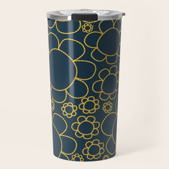 Navy Blue and Mustard Doodle Flowers Retro Floral Pattern Travel Mug Gallery Image 1
