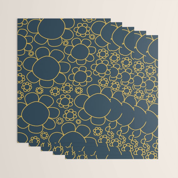 Navy Blue and Mustard Doodle Flowers Retro Floral Pattern Wrapping Paper Gallery Image 3