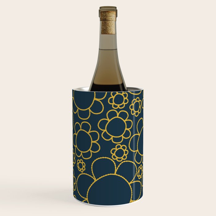 Navy Blue and Mustard Doodle Flowers Retro Floral Pattern Wine Chiller Gallery Image 3