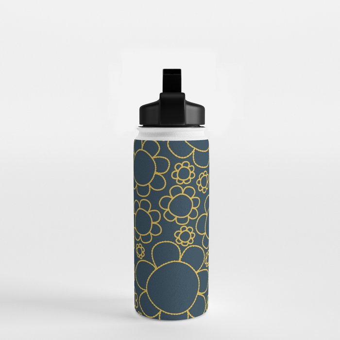 Navy Blue and Mustard Doodle Flowers Retro Floral Pattern Water Bottle Gallery Image 2
