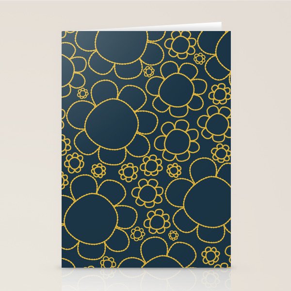 Navy Blue and Mustard Doodle Flowers Retro Floral Pattern Stationery Card Gallery Image 2