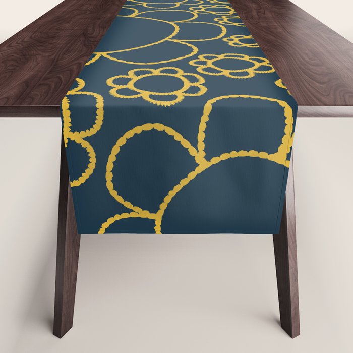 Navy Blue and Mustard Doodle Flowers Retro Floral Pattern Table Runner Gallery Image 1