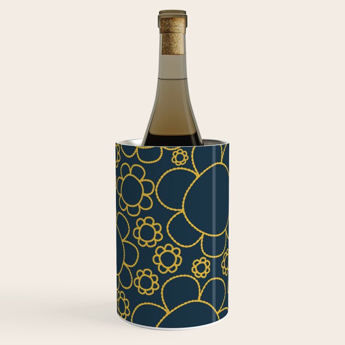 Navy Blue and Mustard Doodle Flowers Retro Floral Pattern Wine Chiller Gallery Image 2