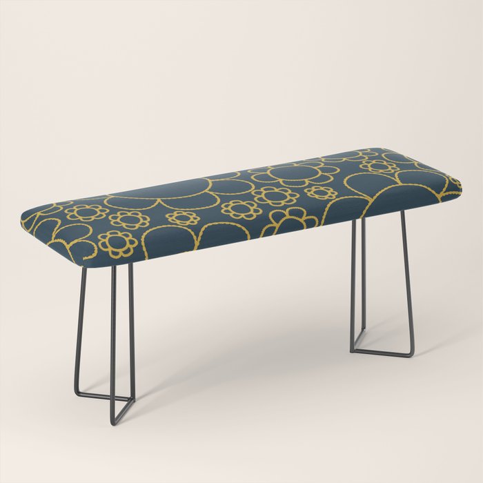 Navy Blue and Mustard Doodle Flowers Retro Floral Pattern Bench Gallery Image 1