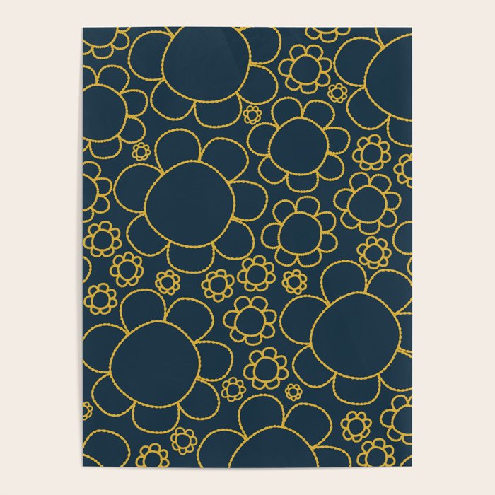 Navy Blue and Mustard Doodle Flowers Retro Floral Pattern Poster Gallery Image 4