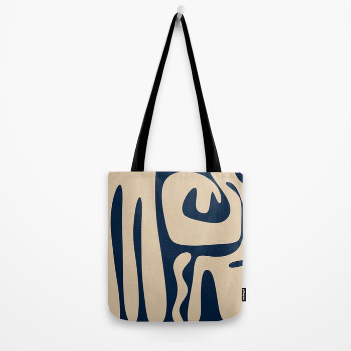 Mid Century Modern Kwaito Abstract Pattern Beige and Navy Blue Tote Bag Gallery Image 2