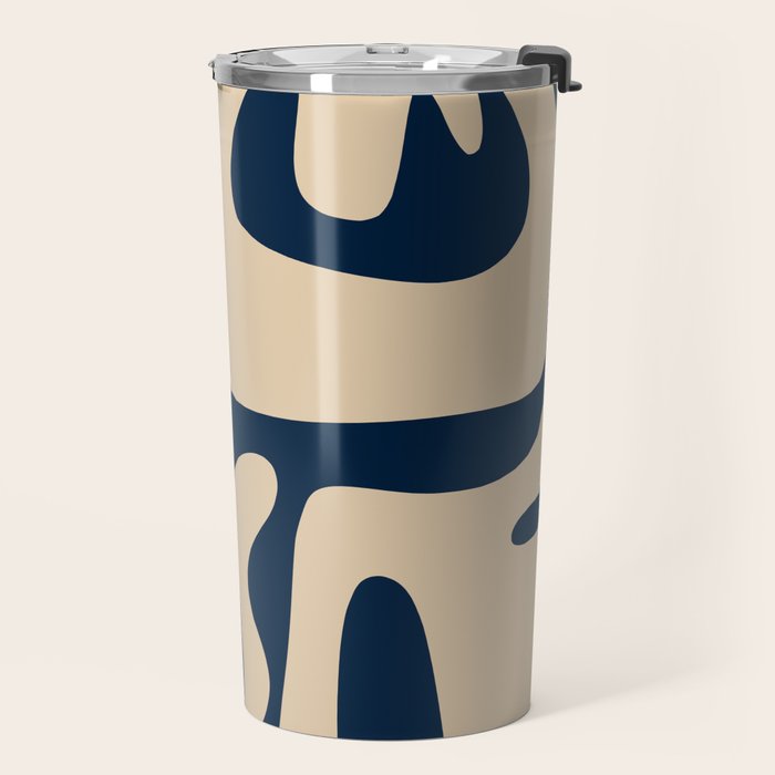 Mid Century Modern Kwaito Abstract Pattern Beige and Navy Blue Travel Mug Gallery Image 2