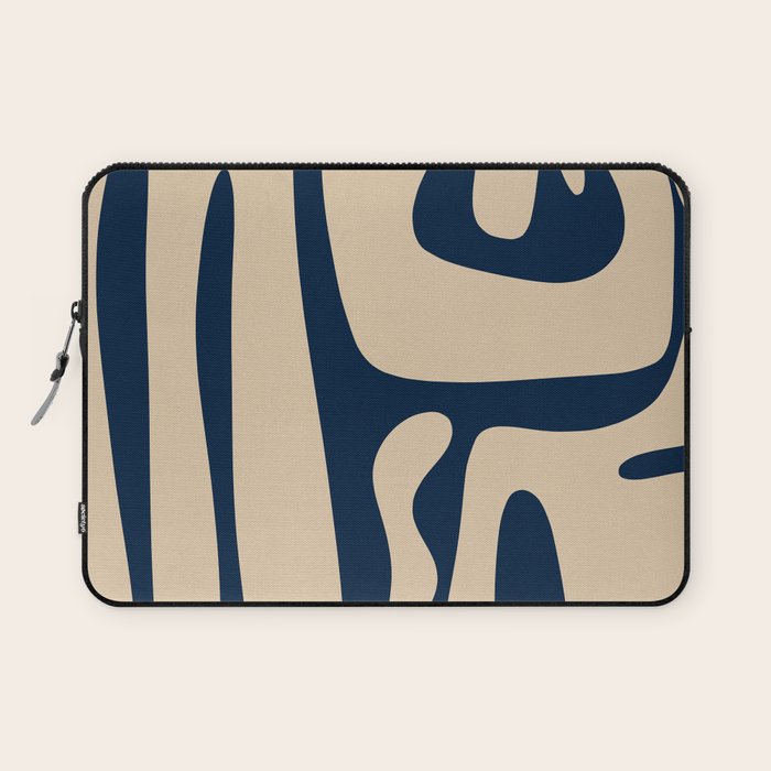 Mid Century Modern Kwaito Abstract Pattern Beige and Navy Blue Laptop Sleeve Gallery Image 1