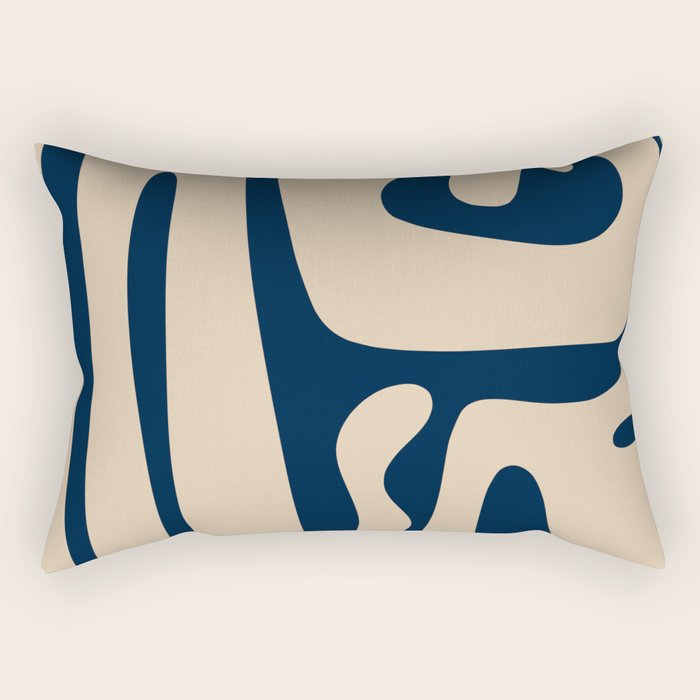 Mid Century Modern Kwaito Abstract Pattern Beige and Navy Blue Rectangular Pillow Gallery Image 1