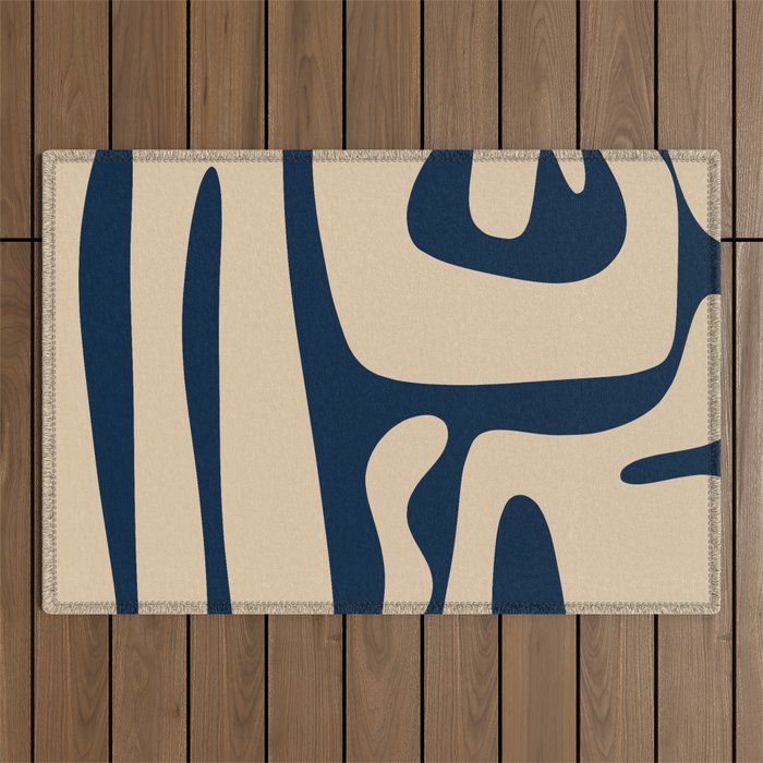 Mid Century Modern Kwaito Abstract Pattern Beige and Navy Blue Outdoor Rug Gallery Image 1