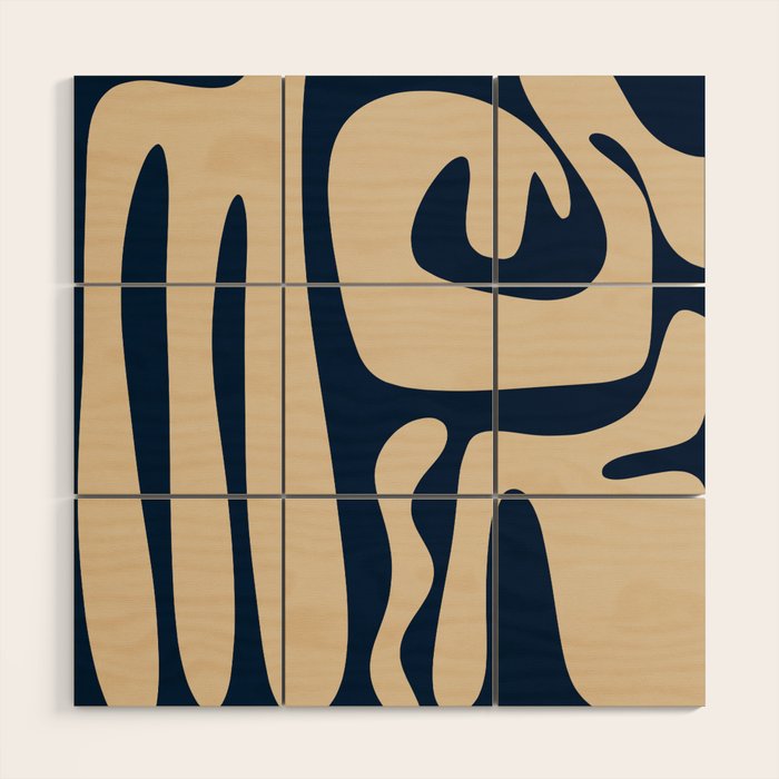 Mid Century Modern Kwaito Abstract Pattern Beige and Navy Blue Wood Wall Art Gallery Image 1