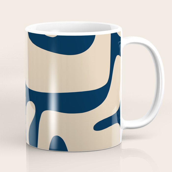Mid Century Modern Kwaito Abstract Pattern Beige and Navy Blue Coffee Mug Gallery Image 1