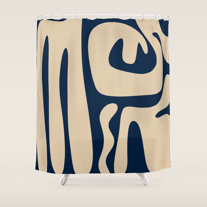 Mid Century Modern Kwaito Abstract Pattern Beige and Navy Blue Shower Curtain Gallery Image 1