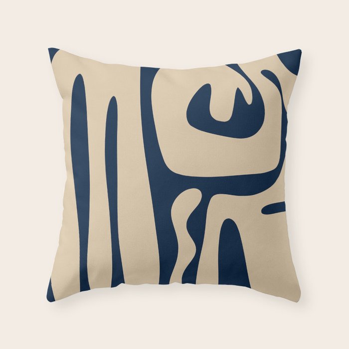 Mid Century Modern Kwaito Abstract Pattern Beige and Navy Blue Throw Pillow Gallery Image 1