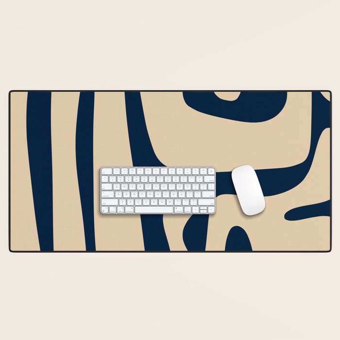 Mid Century Modern Kwaito Abstract Pattern Beige and Navy Blue Desk Mat Gallery Image 1