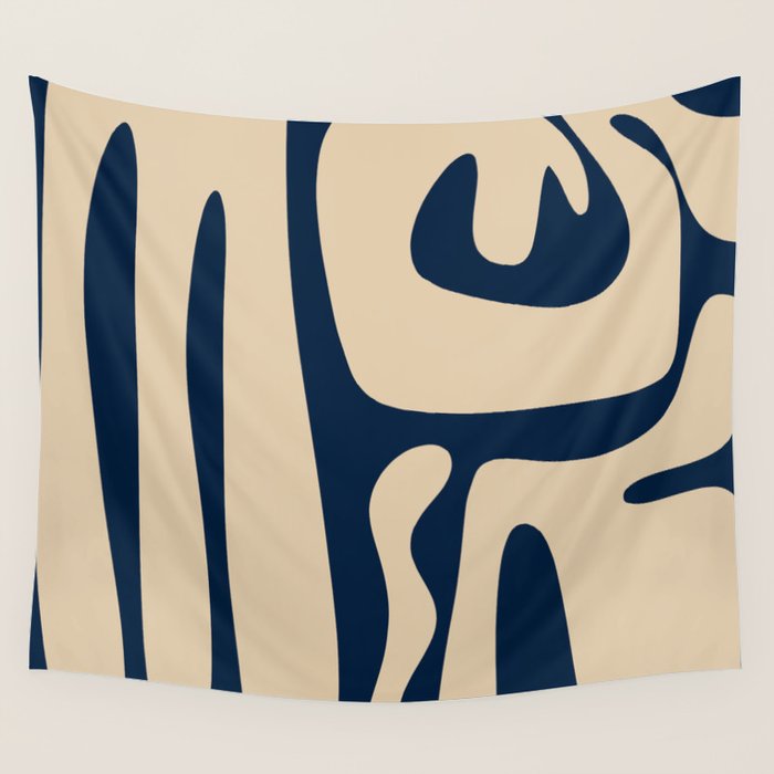 Mid Century Modern Kwaito Abstract Pattern Beige and Navy Blue Wall Tapestry Gallery Image 4