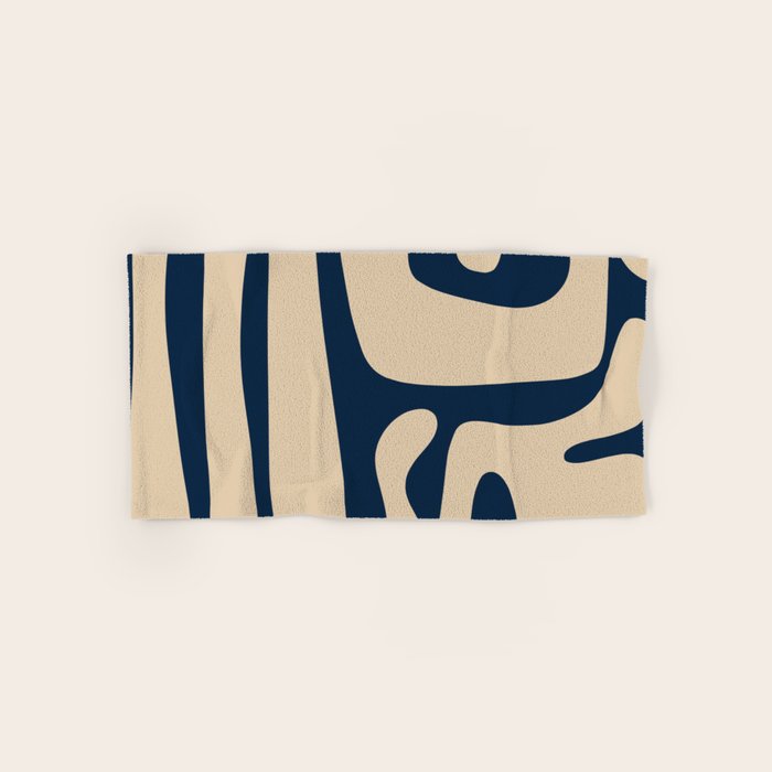 Mid Century Modern Kwaito Abstract Pattern Beige and Navy Blue Bath Towel Gallery Image 1