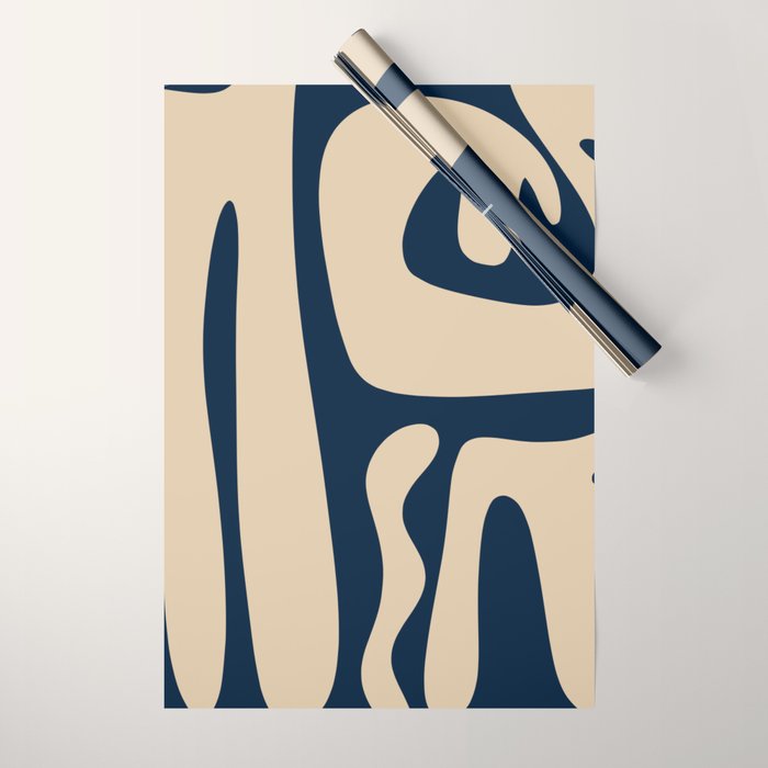 Mid Century Modern Kwaito Abstract Pattern Beige and Navy Blue Wrapping Paper Gallery Image 1