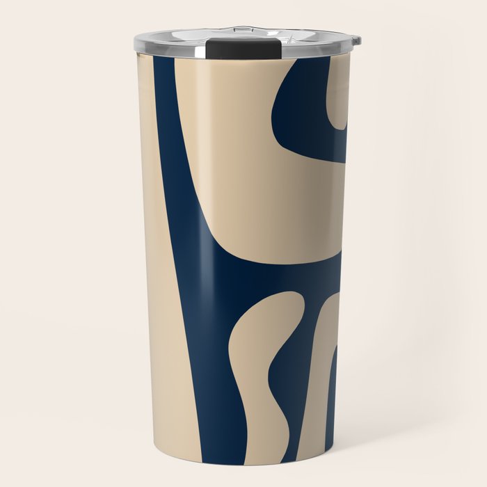 Mid Century Modern Kwaito Abstract Pattern Beige and Navy Blue Travel Mug Gallery Image 1
