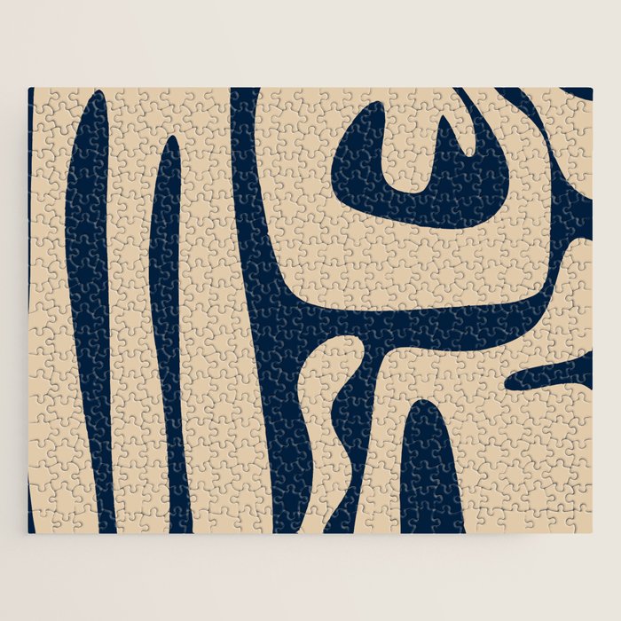Mid Century Modern Kwaito Abstract Pattern Beige and Navy Blue Jigsaw Puzzle Gallery Image 1