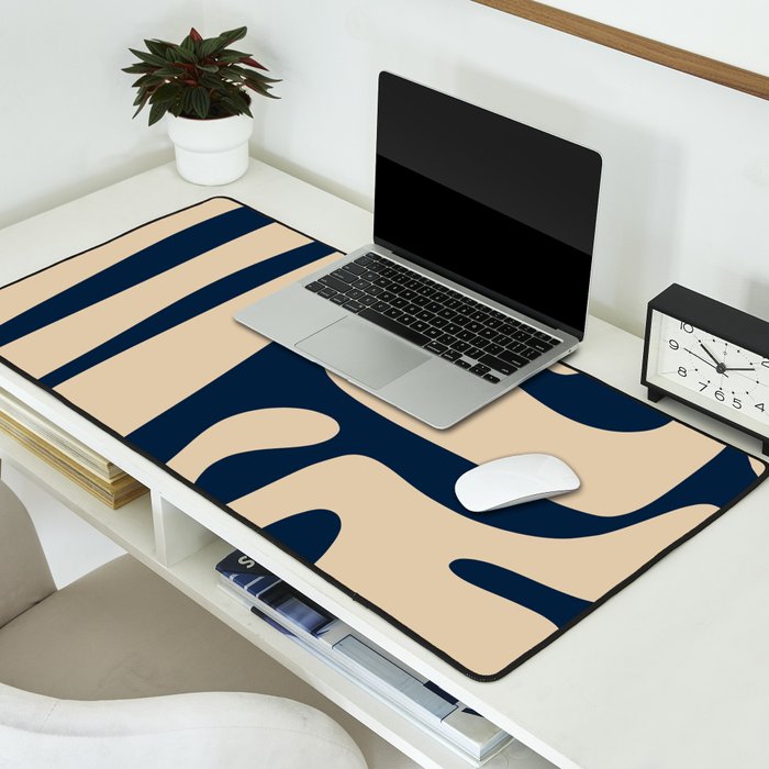 Mid Century Modern Kwaito Abstract Pattern Beige and Navy Blue Desk Mat Gallery Image 2