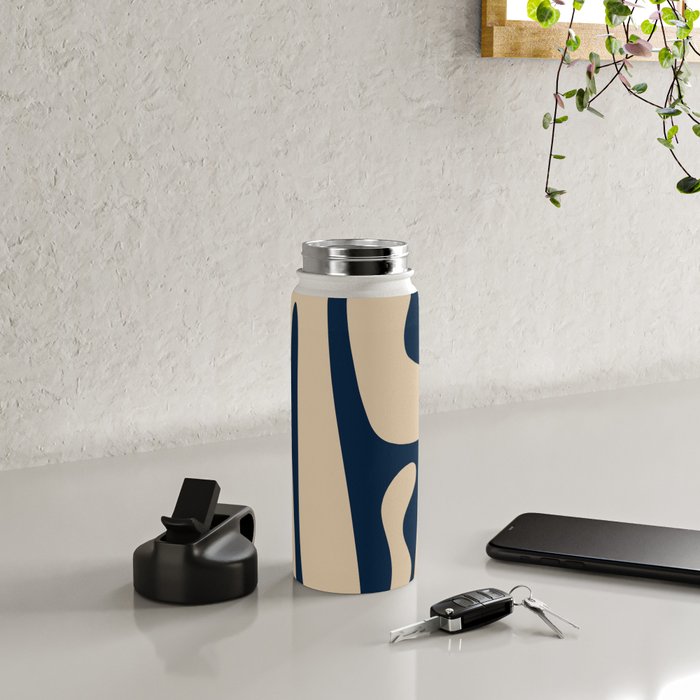 Mid Century Modern Kwaito Abstract Pattern Beige and Navy Blue Water Bottle Gallery Image 4