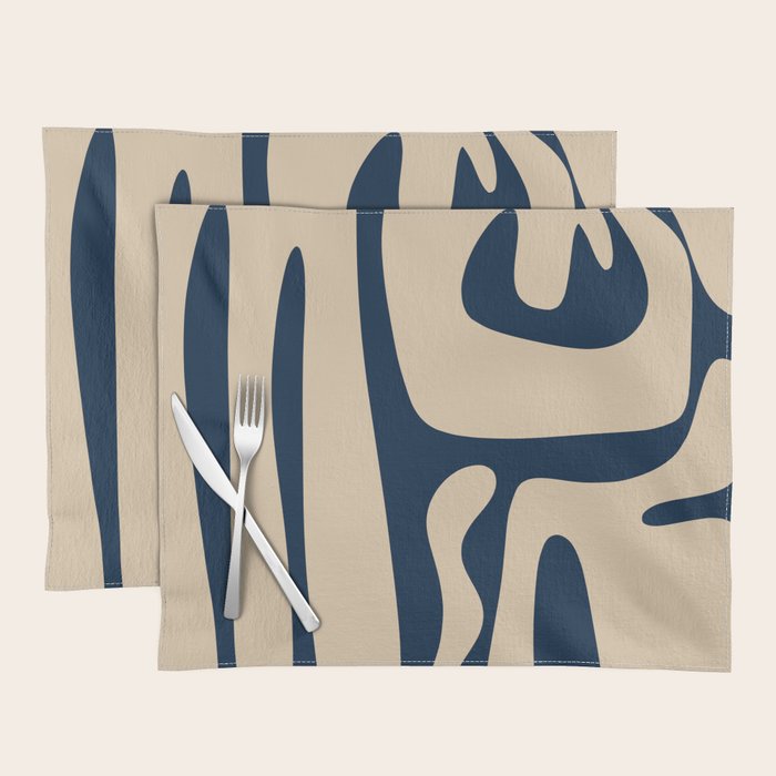 Mid Century Modern Kwaito Abstract Pattern Beige and Navy Blue Placemat Gallery Image 1