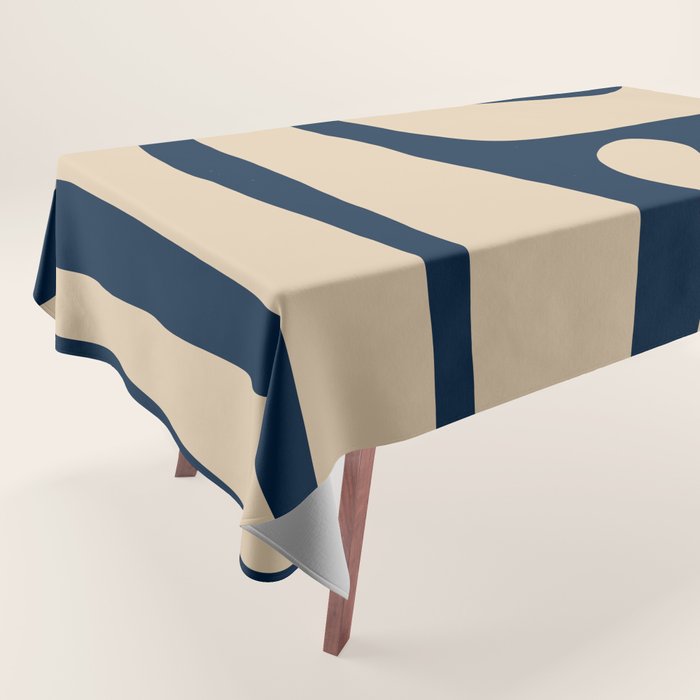 Mid Century Modern Kwaito Abstract Pattern Beige and Navy Blue Tablecloth Gallery Image 1