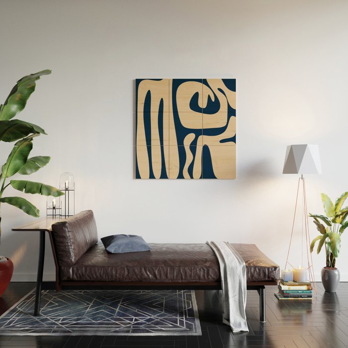 Mid Century Modern Kwaito Abstract Pattern Beige and Navy Blue Wood Wall Art Gallery Image 2